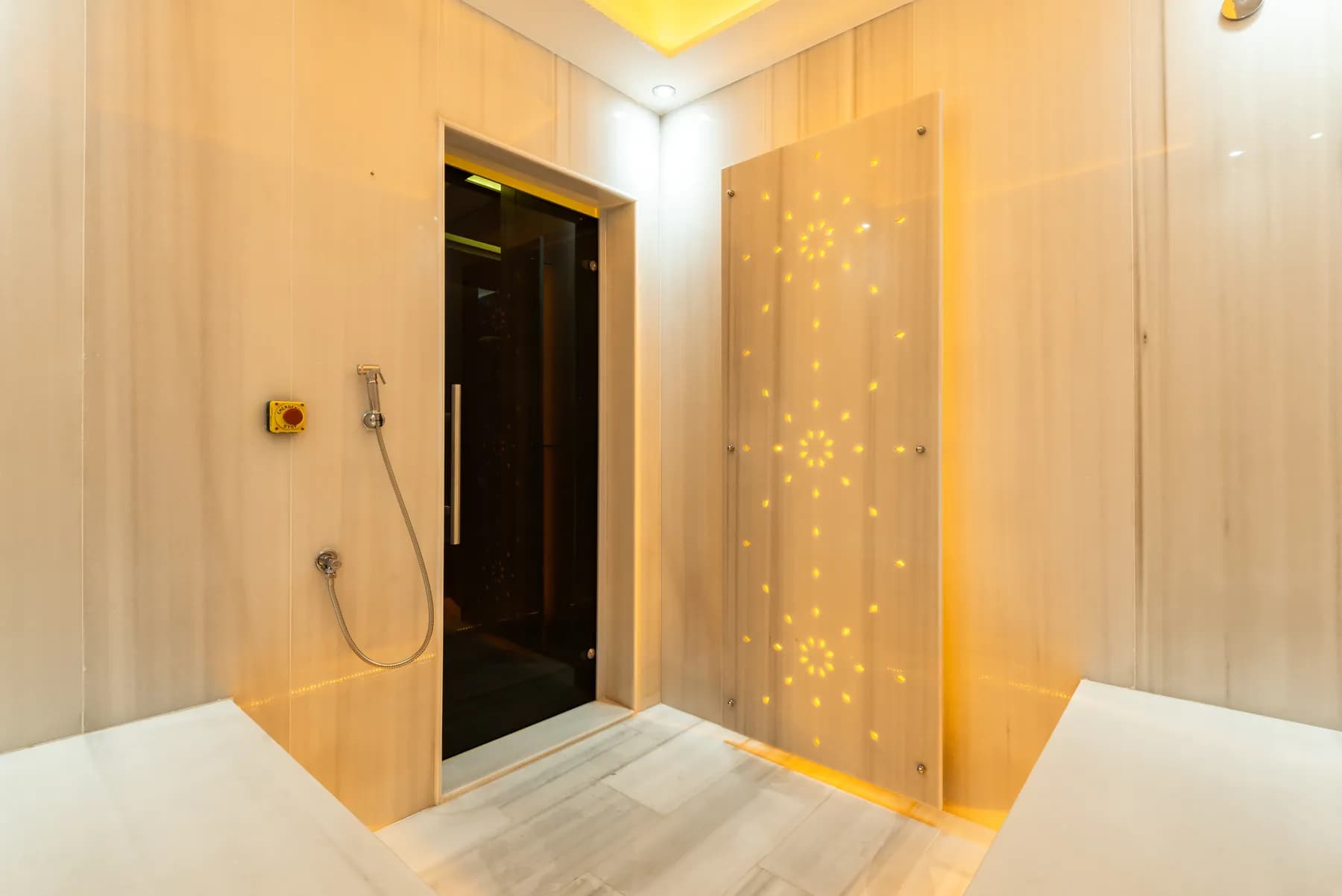 Entrée de bain de vapeur avec panneau d'onyx et douche