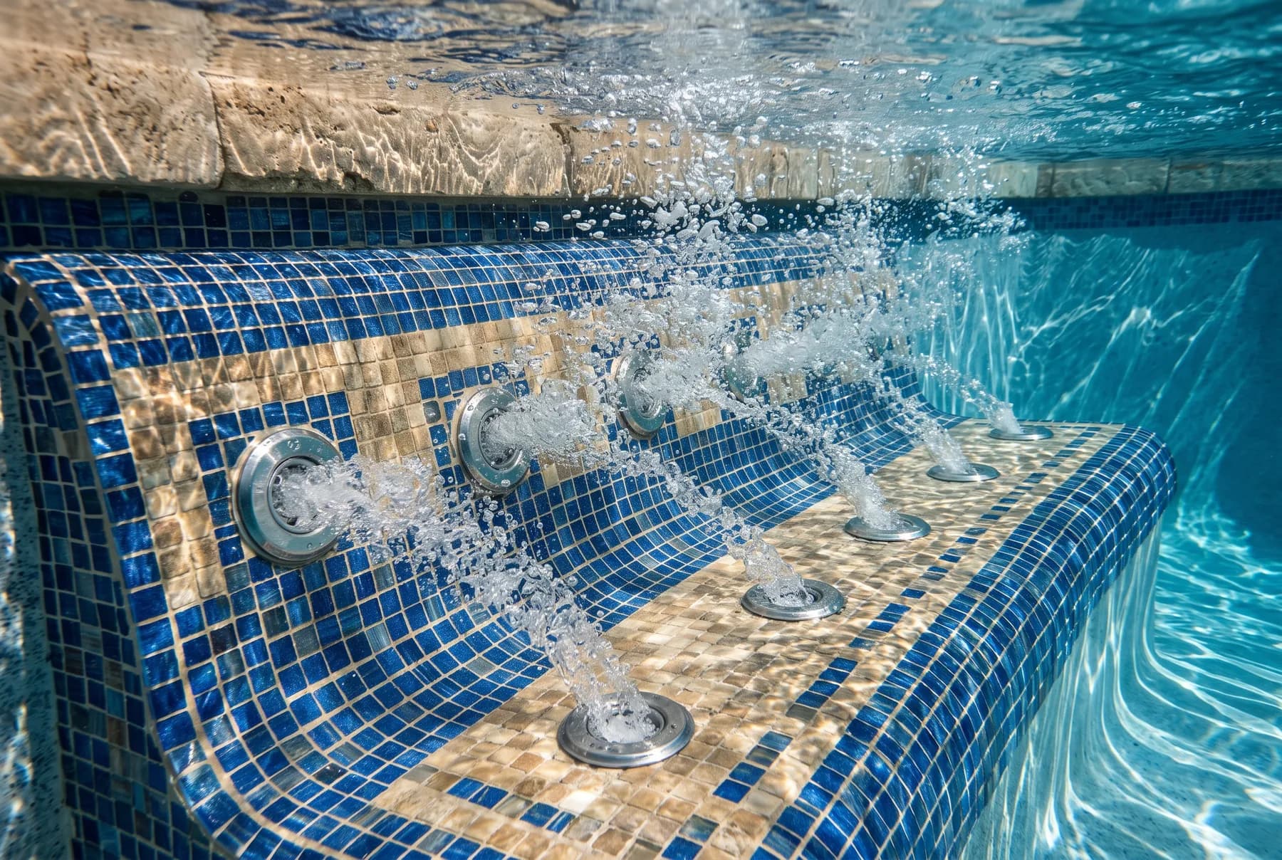 Massagedüsen an einer Mosaik-Sitzbank unter Wasser
