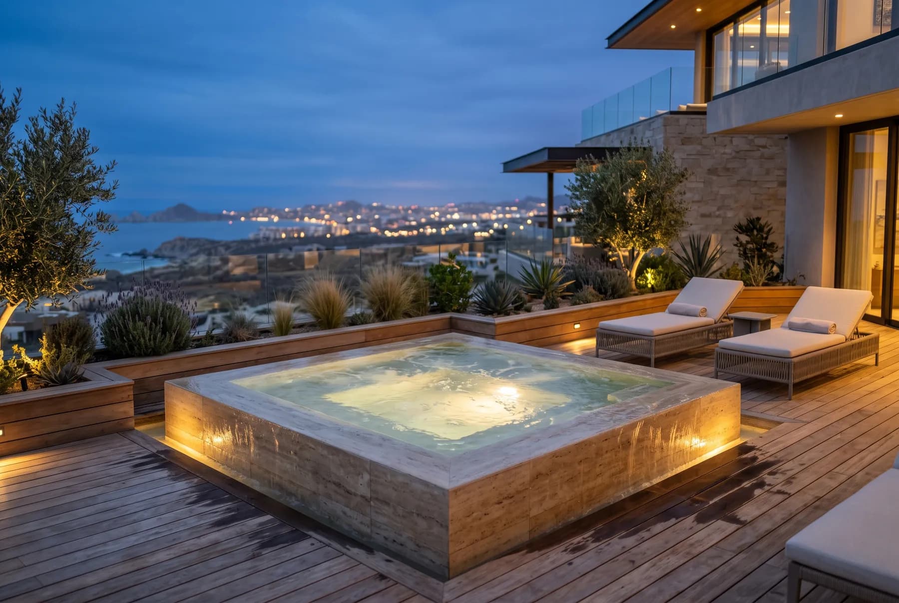 Jacuzzi de terrasse habillé de pierre, lumière du soir