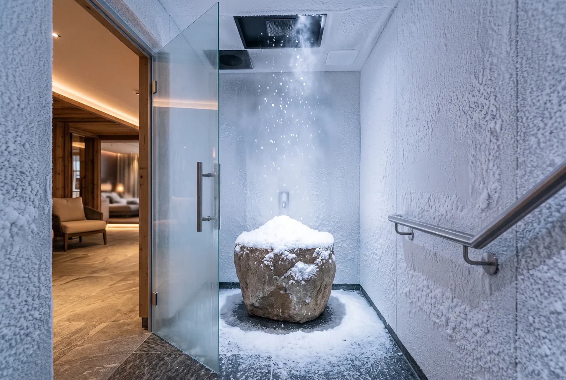 Schneeraum mit vereisten Wänden und Schnee aus der Decke