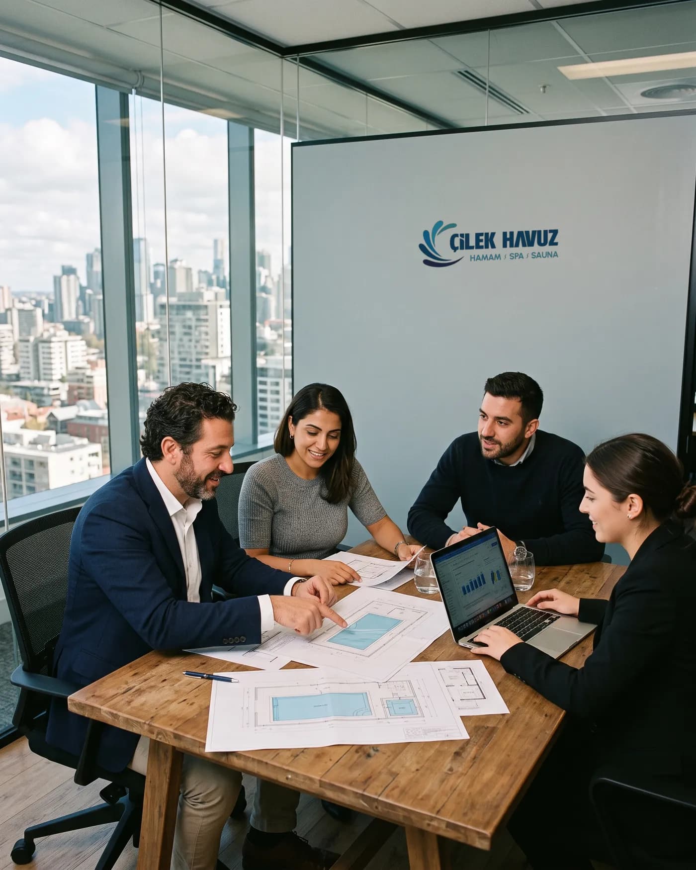 Team bei der Arbeit an Pool- und Spa-Projekten im Büro