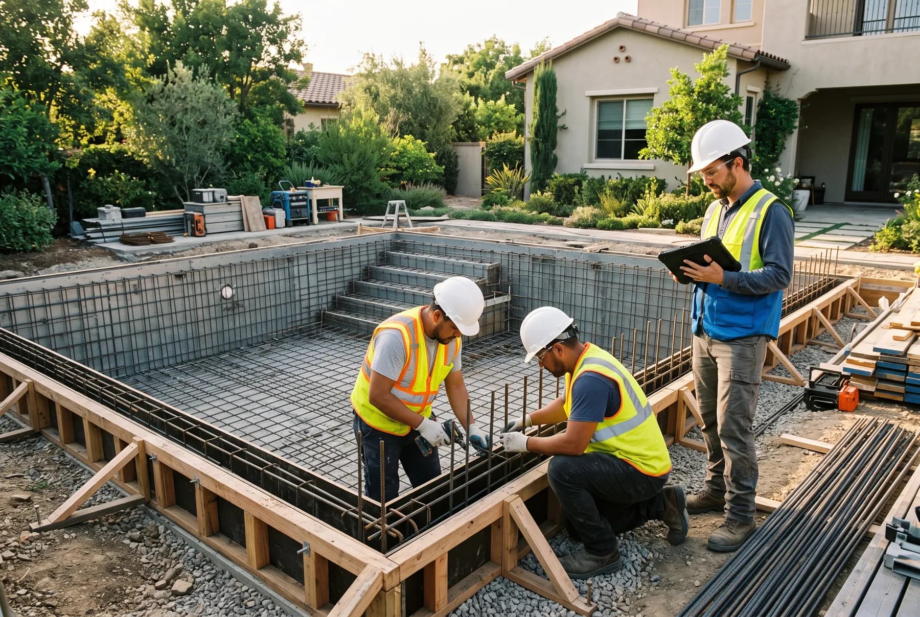 Monteure und Ingenieur an der Bewehrung eines Betonpools