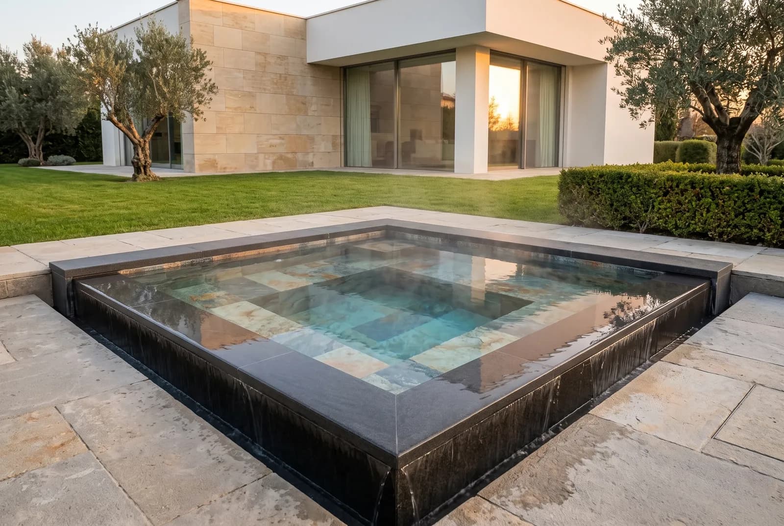 حوض جاكوزي خارجي بإطار من الحجر الطبيعي في حديقة