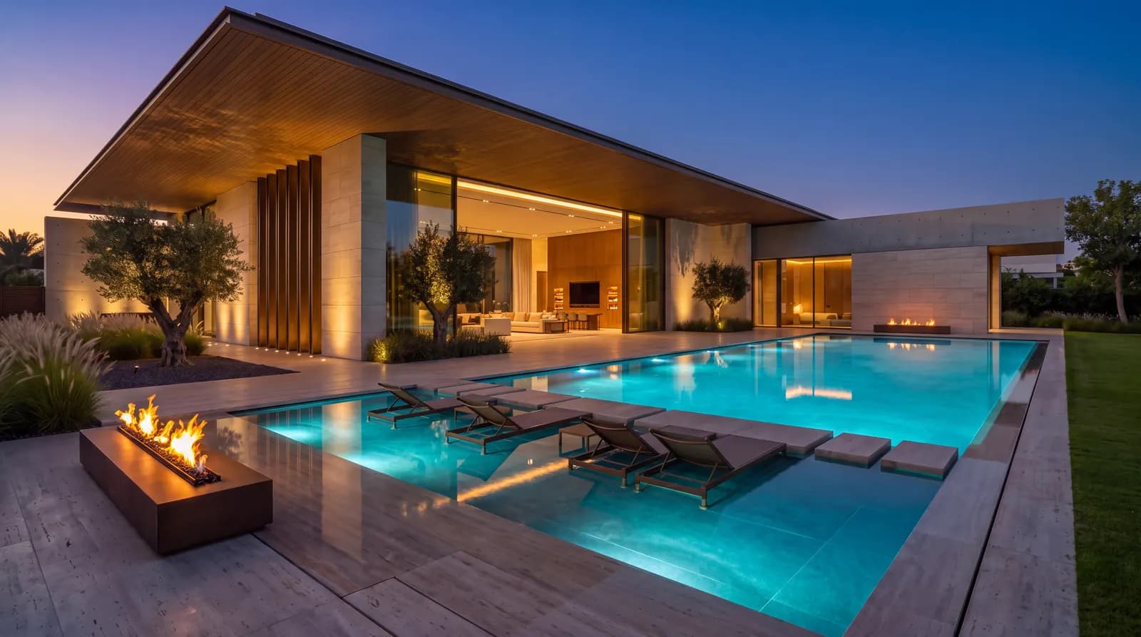 Gece ışıklandırmalı betonarme havuz ve villa terası (tasarım görseli)