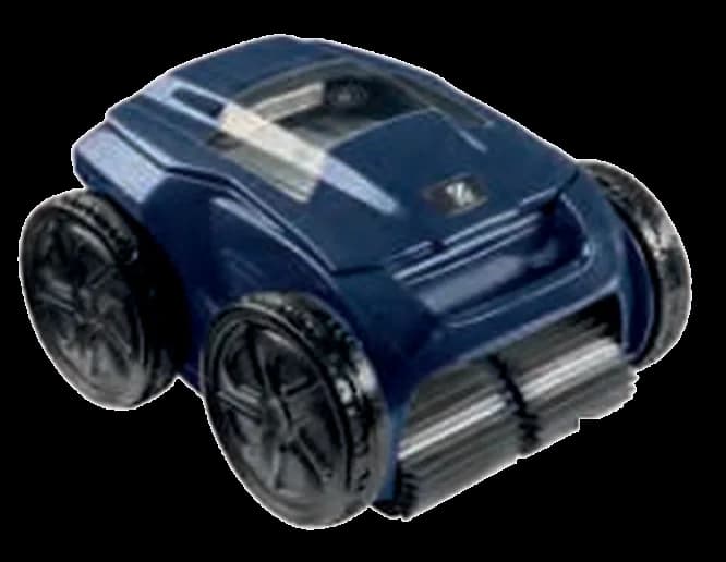 RA 6500 iQ corded robot, front angled view, navy body, transparent top cover, four black wheels and front brush