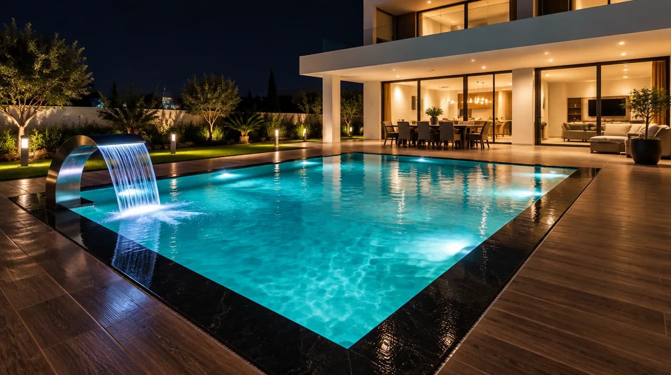 Akşam ışığında şelaleli ve ışıklı villa havuzu, İstanbul