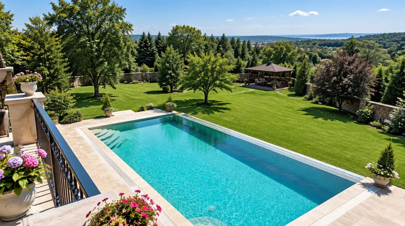 Ağaçlı bahçede merdivenli villa havuzu, Tepeören (İstanbul)