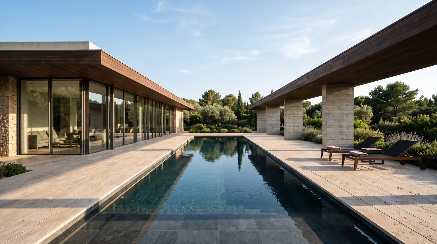 Entwurfsvisualisierung eines langen Pools vor einer eingeschossigen Villa