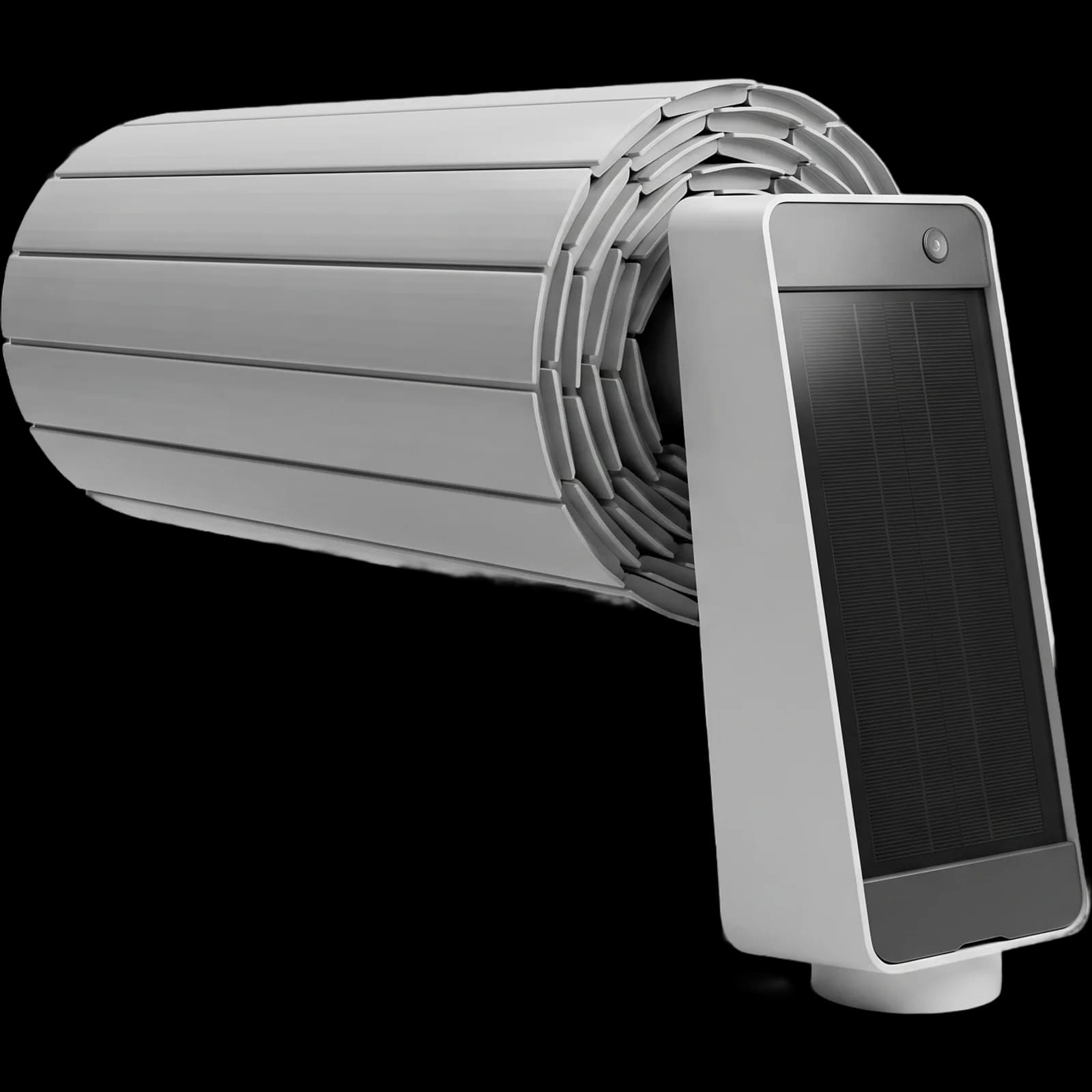 Bellasun roller system, cover roll with grey tube and leg with white body and black solar panel