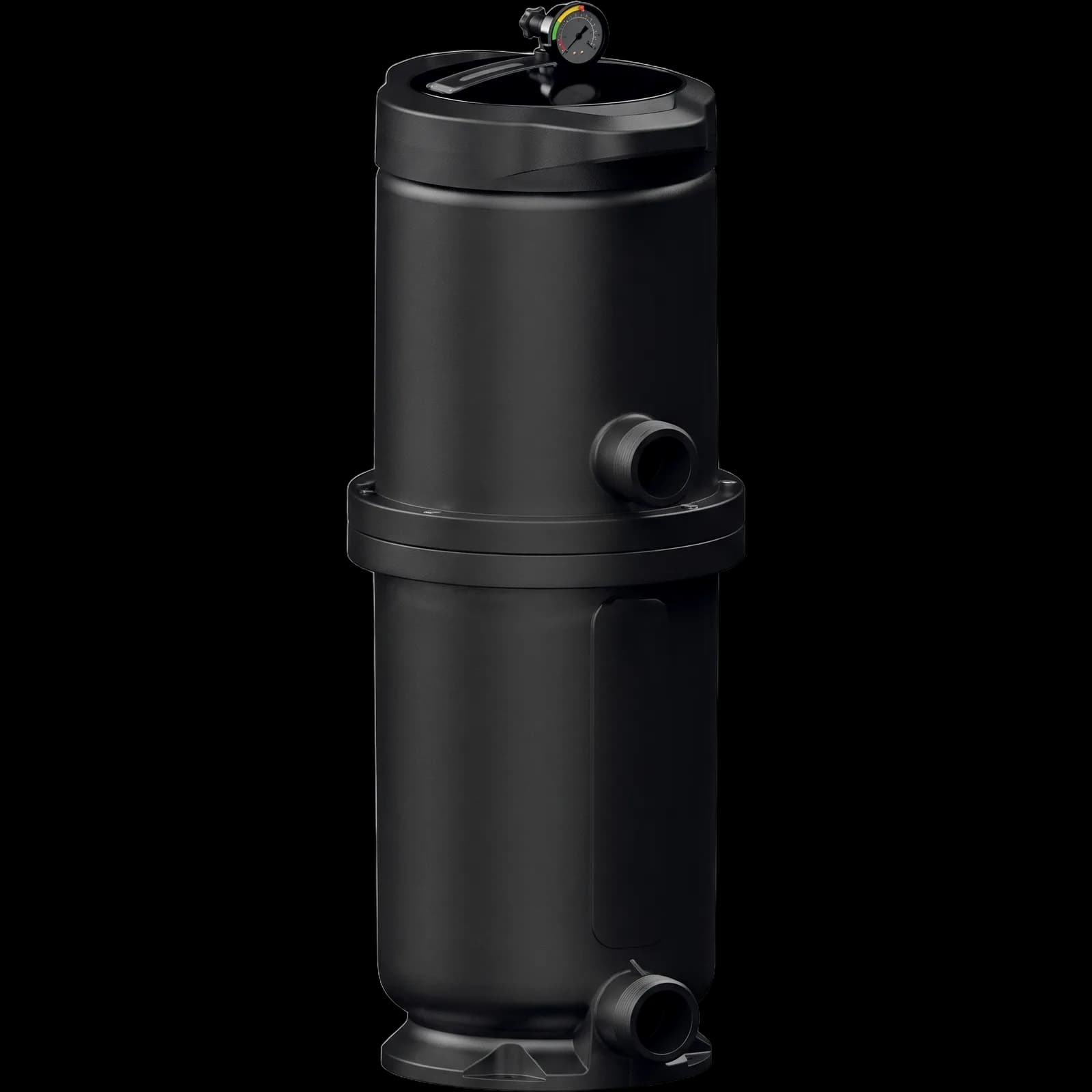 ClariSave cartridge filter, black cylindrical body, pressure gauge on top, two side connections