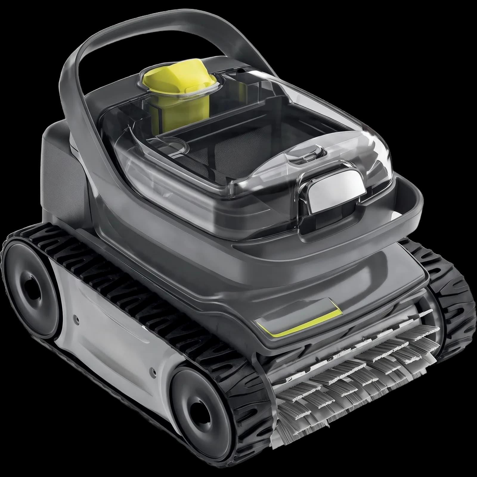 Freedom Lite cordless pool robot, front right view, transparent cover, carrying handle, yellow filter