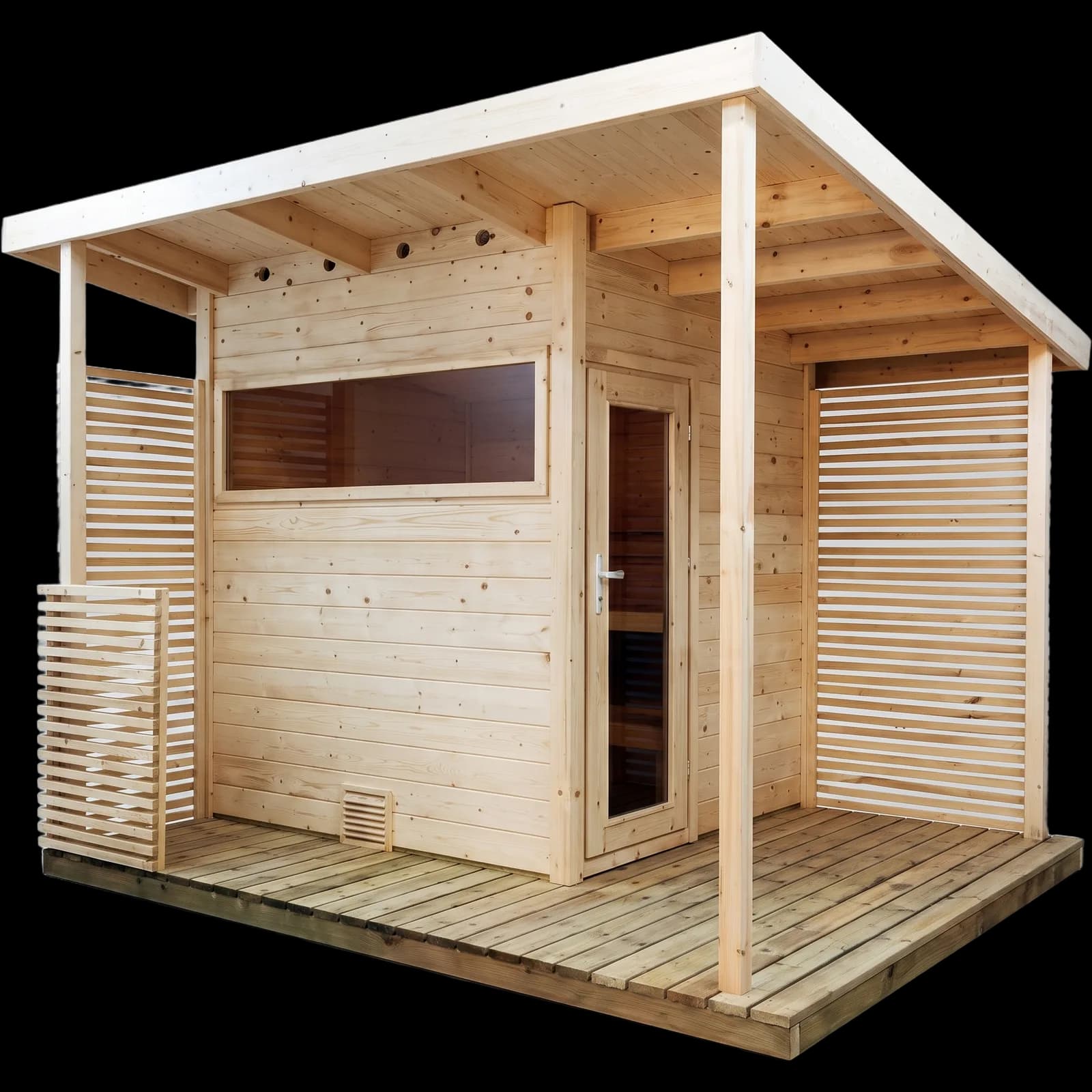 Harvia Solide Compact Außensauna mit Terrasse von vorn rechts, Korpus aus Fichte, Pultdach, Lamellenpaneele, Holzterrasse