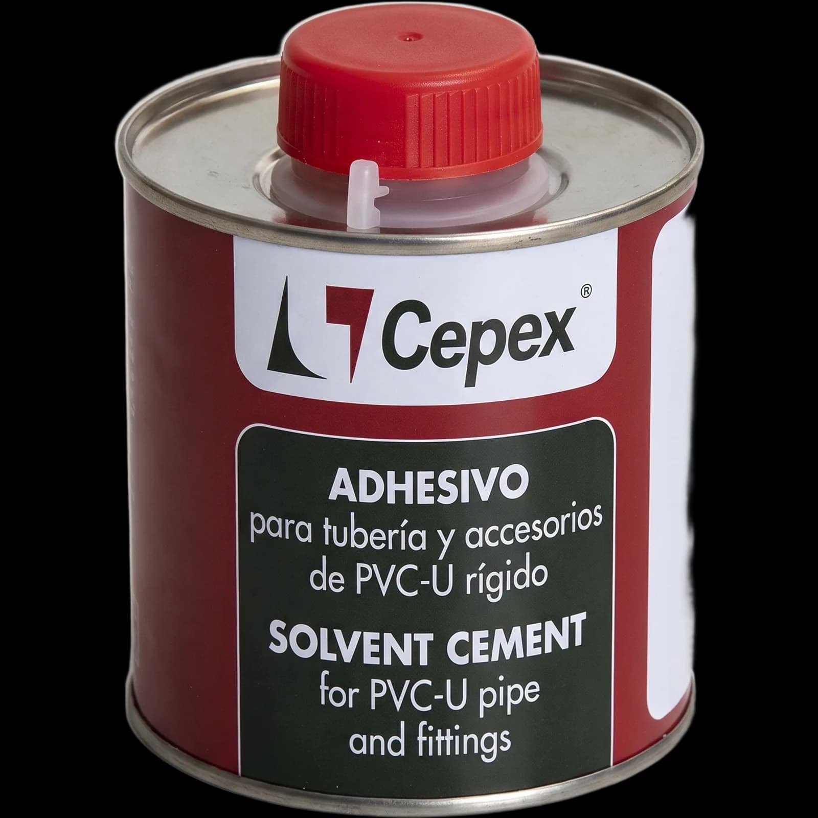 Cepex PVC-U adhesive tin, red body and lid with brush, three-quarter view