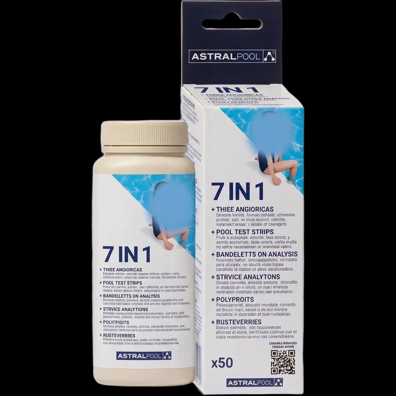AstralPool 7 IN 1 pool water test strips, bottle with beige cap and cardboard box with navy top