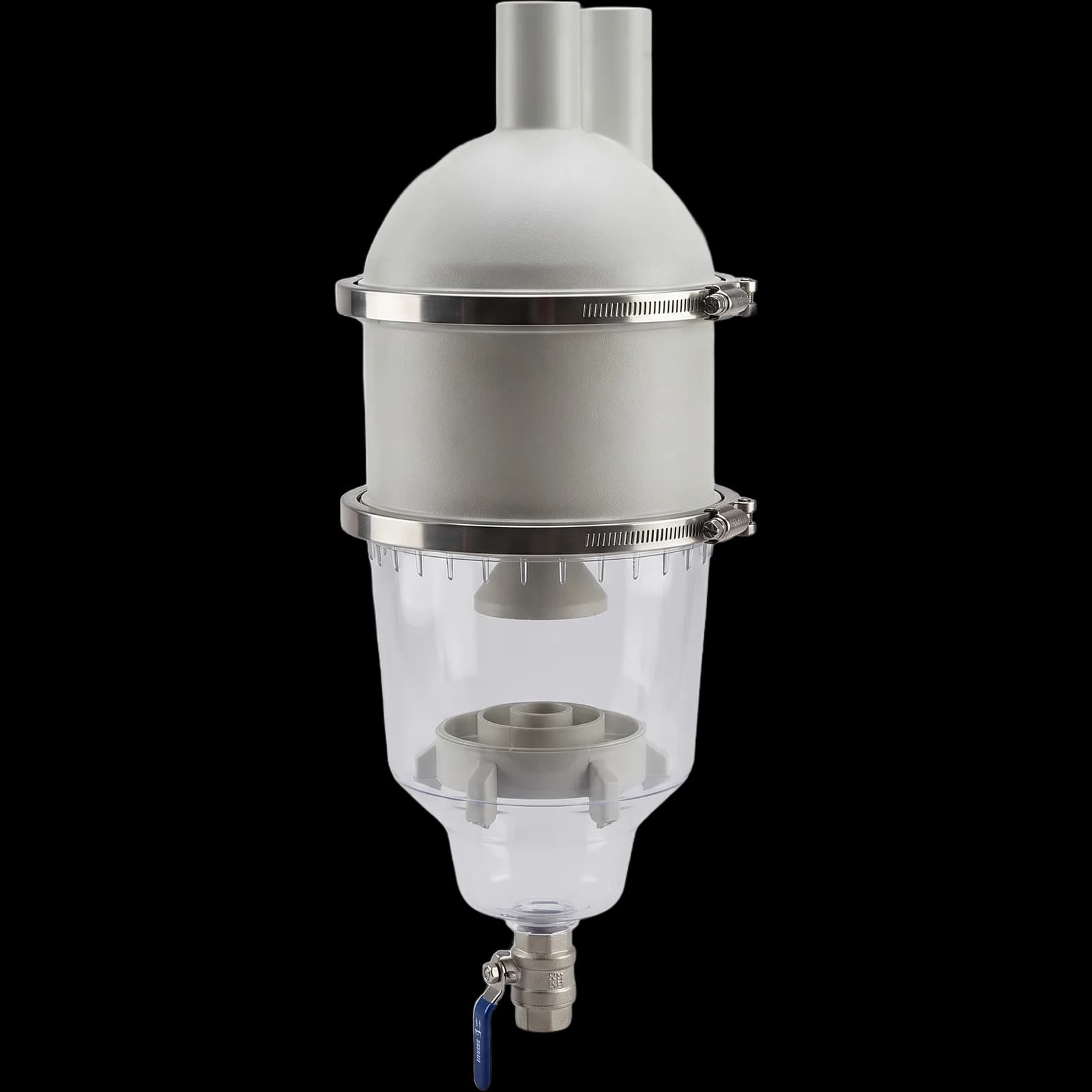 Hydrospin pool pre-filter from the front, grey hydrocyclone body, steel clamps, transparent chamber and bottom valve