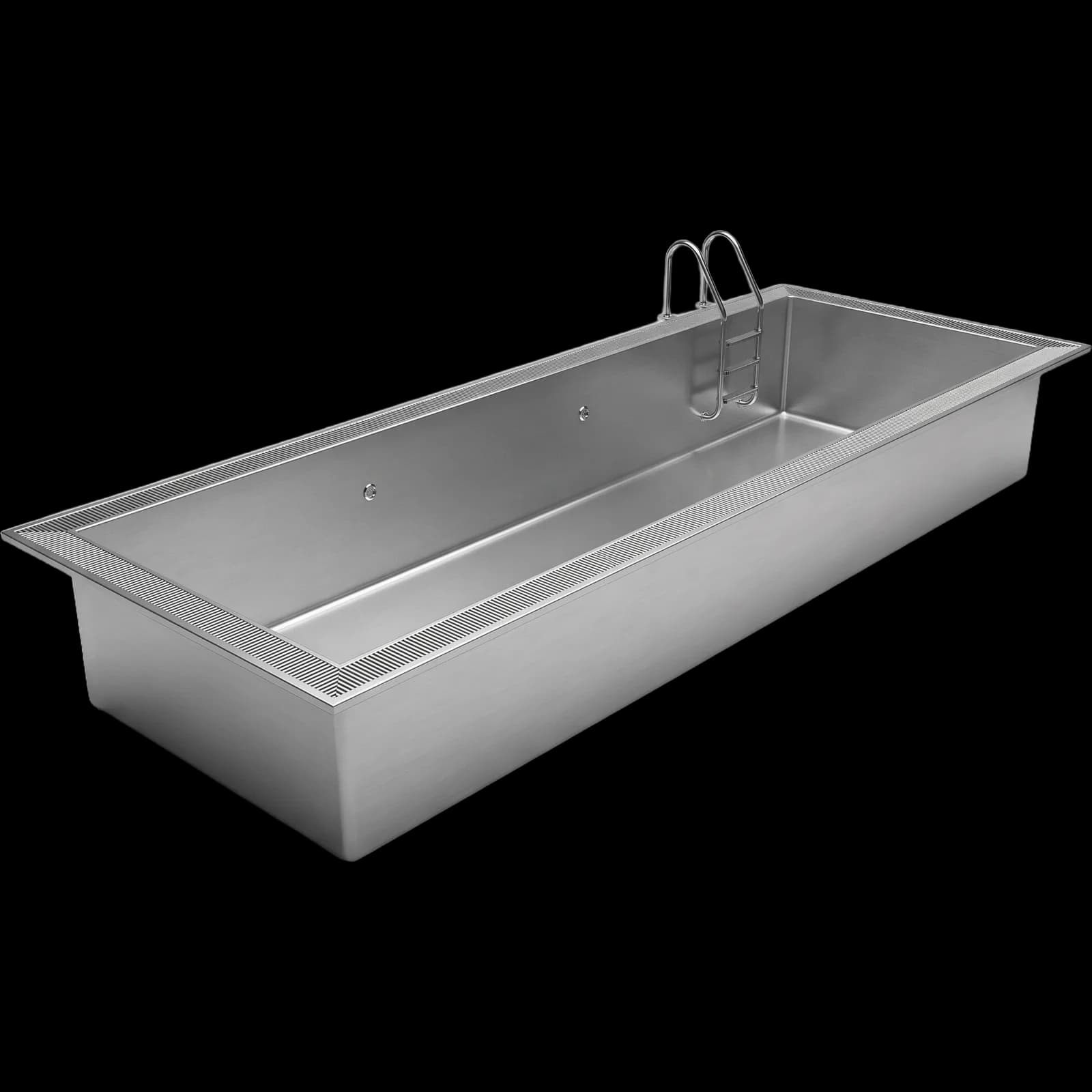 Inoxpool stainless steel prefabricated pool shell in three-quarter view, overflow channel edge and ladder
