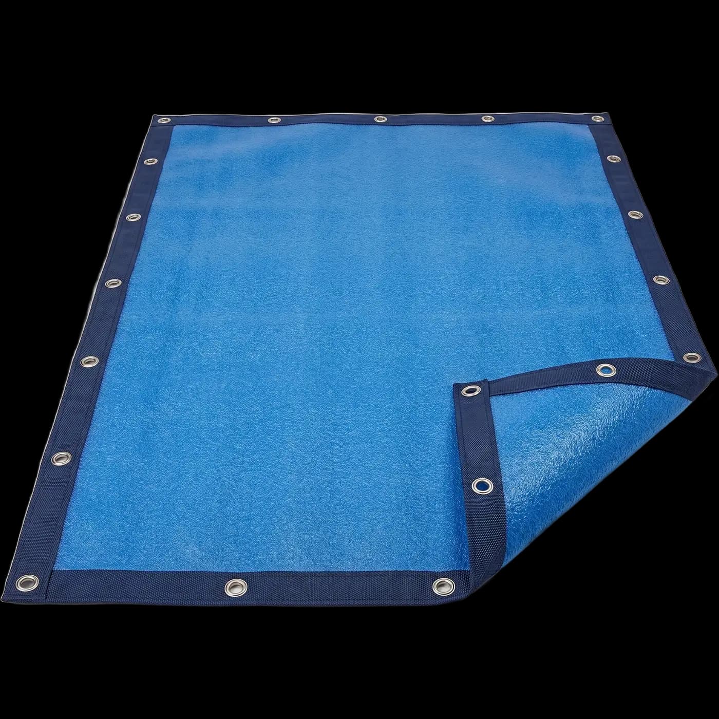 Blaue Thermo-Schaumabdeckung für Pools mit dunkelblauem Randband und Metallösen, Ecke leicht umgeschlagen