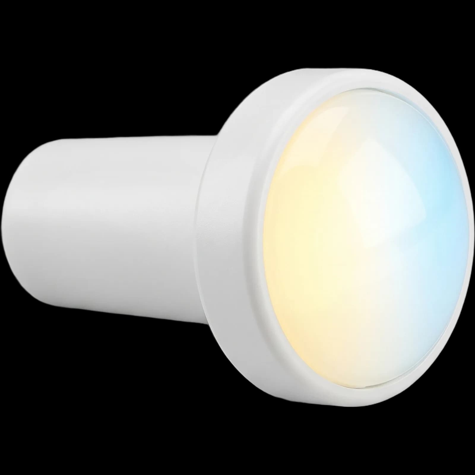 Leuchtmittel LumiPlus FlexiMini Connect in seitlicher Frontansicht, weißer zylindrischer Körper und Linse mit warm- und kaltweißem Licht