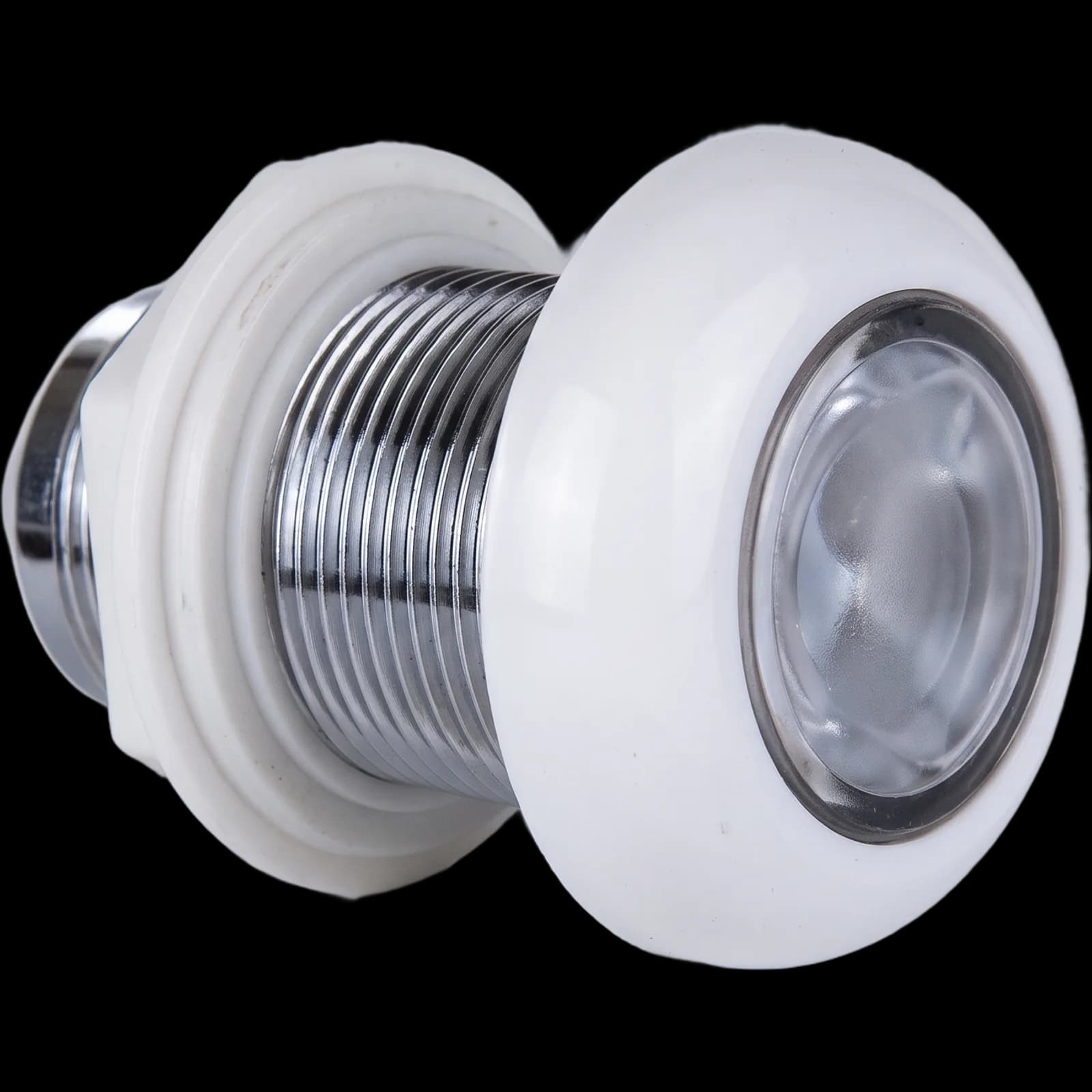 Scheinwerfer LumiPlus Mini SPA in Seitenansicht, verchromter Gewindekörper und LED-Linse mit weißem Frontring
