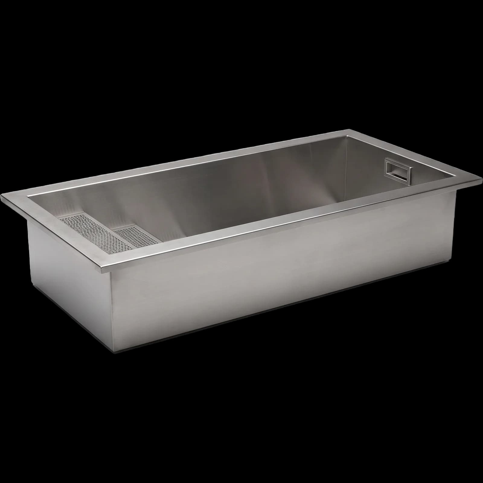 Mini reflection (cold plunge) pool, rectangular stainless steel body and stepped grating panel