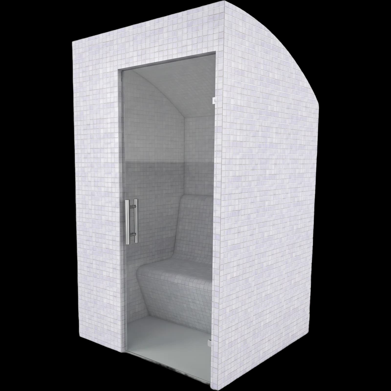 Module de hammam SMSR en vue de trois quarts, cabine revêtue de mosaïque blanche, porte en verre, banc intérieur