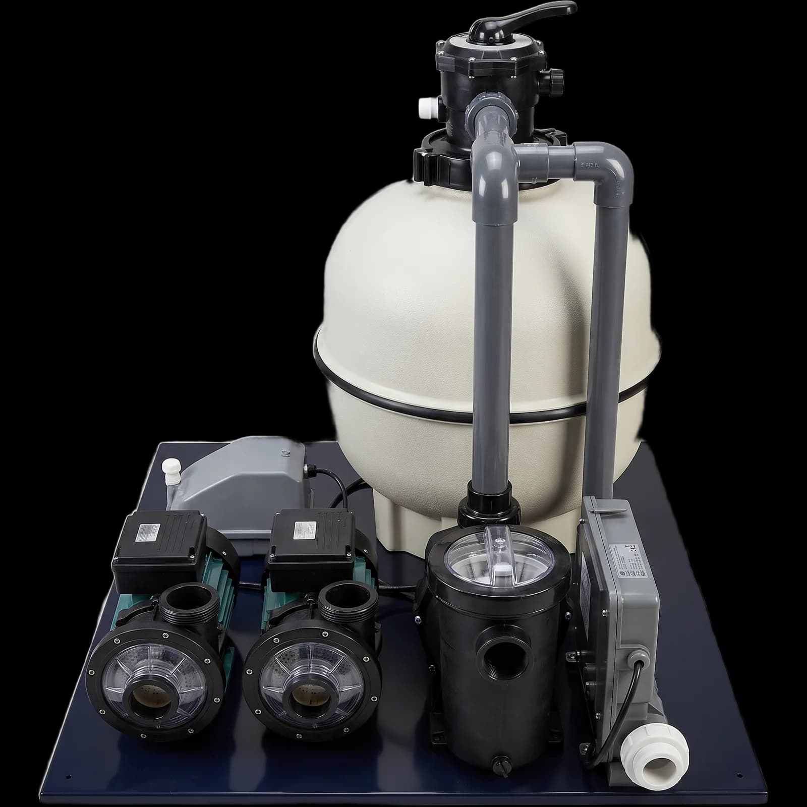 Kit de filtration compact pour spa, filtre à sable, deux pompes et unité de commande sur socle bleu marine