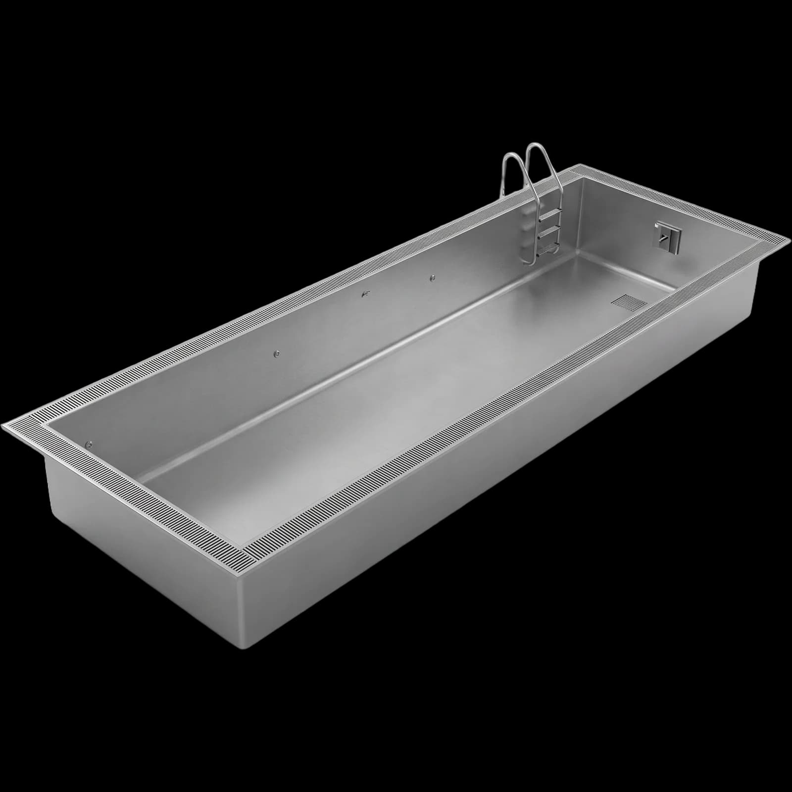 Piscine en acier inoxydable Vitality, cuve rectangulaire allongée, bordure à grille et échelle de piscine