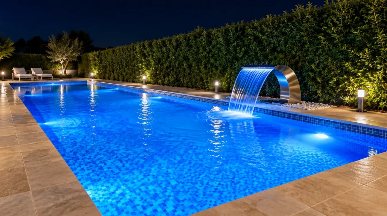 Gece ışıklı havuz ve paslanmaz şelale, Akfırat (İstanbul)
