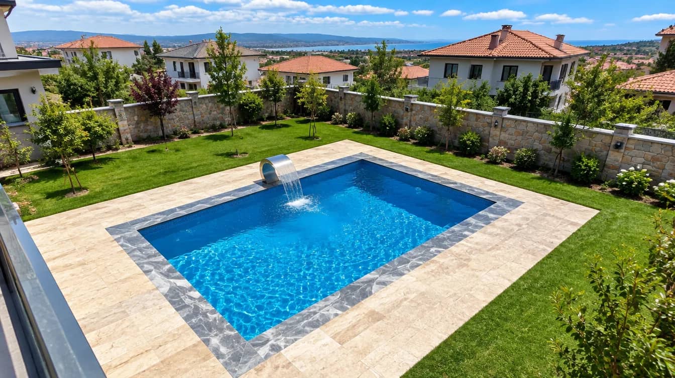 Yukarıdan bahçede prefabrik havuz ve çevre evler, Gebze (Kocaeli)