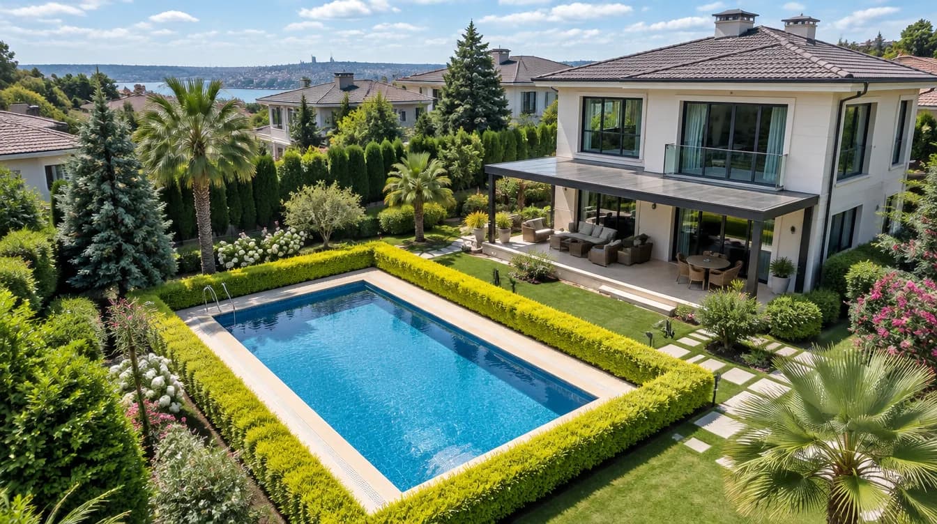 Çitle çevrili bahçede açık renk kenarlı havuz, İstanbul