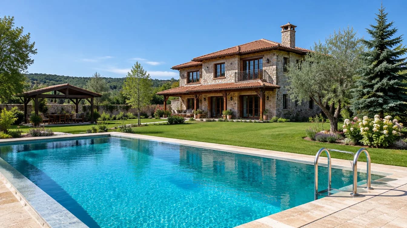 Taş cepheli villa önünde bahçe havuzu, Tepeören (İstanbul)